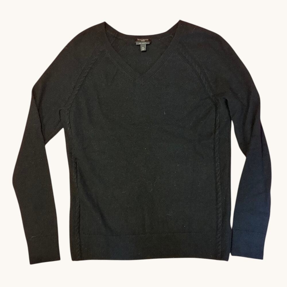 TALBOTS Women's 100% Cashmere Cable Knit V-Neck Sweater SMALL PETITE Black